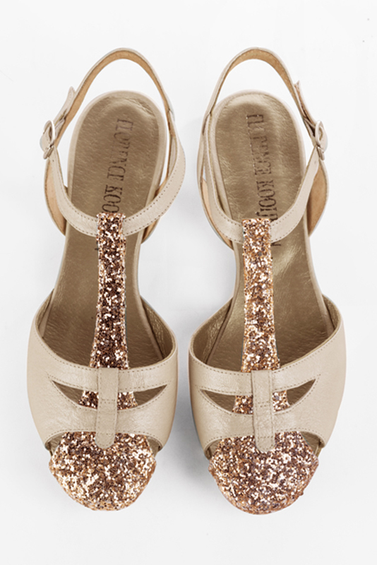 Copper gold women's open back T-strap shoes. Round toe. Flat leather soles. Top view - Florence KOOIJMAN
